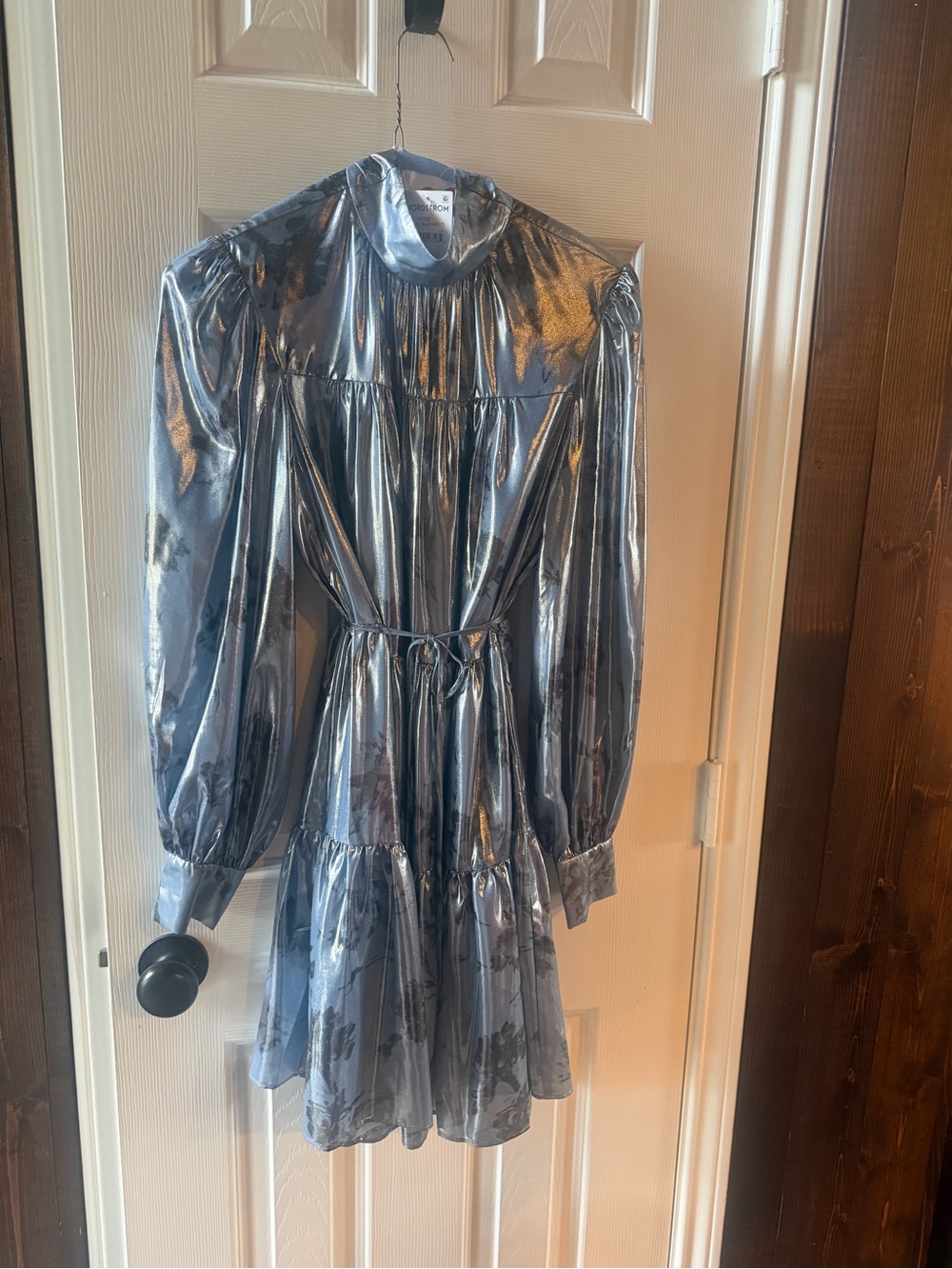 cinq a sept Metallic Blue Puff Sleeve Tiered Dress with Tie Waist